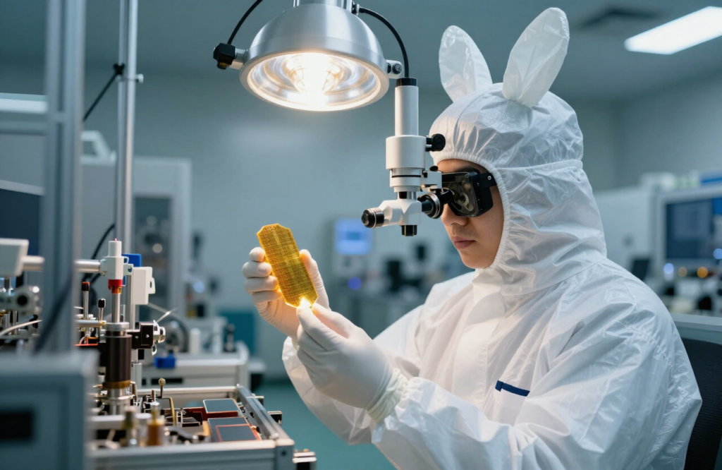A cleanroom technician inspecting a glowing silicon wafer in a Hsinchu semiconductor fab