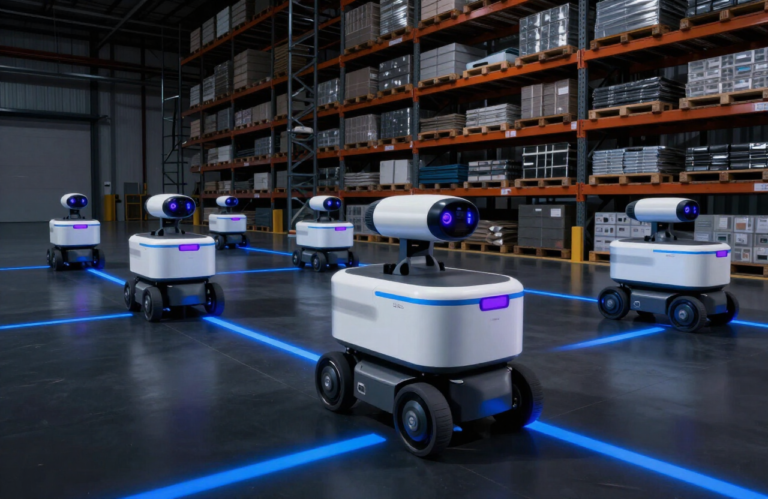 Autonomous mobile robots carrying shelving across a dark automated warehouse floor in Singapore