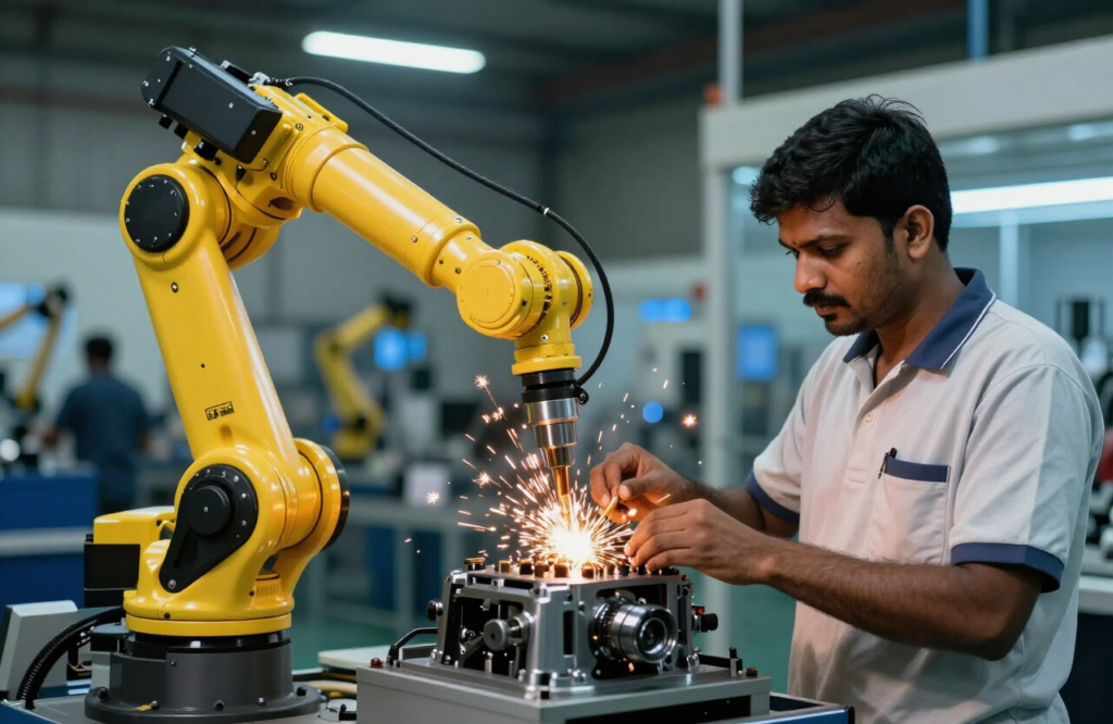 A collaborative robot arm working beside a technician in an automotive components factory in Pune, India