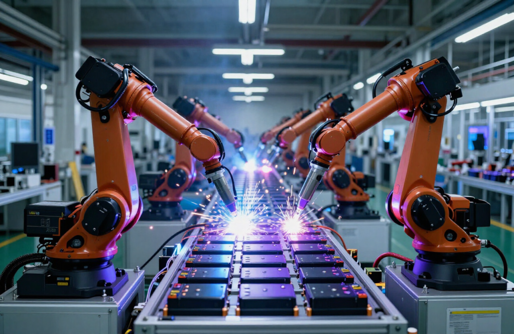 Robotic welders working over EV battery modules on a Korean gigafactory production line