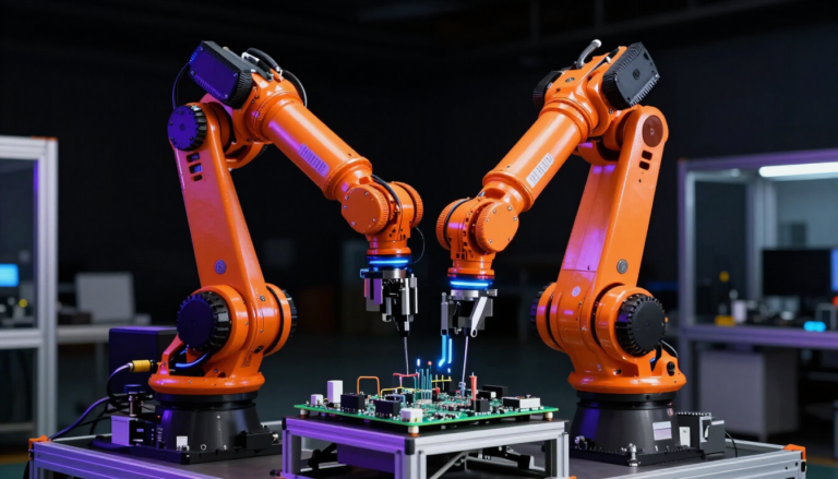 An industrial robotic arm assembling a circuit board under purple and blue light in a Shenzhen smart factory